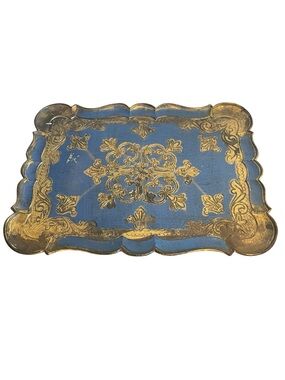 Vintage Italian Florentine Wood Tray Blue Gold Gilt Scalloped Hand Painted Italy